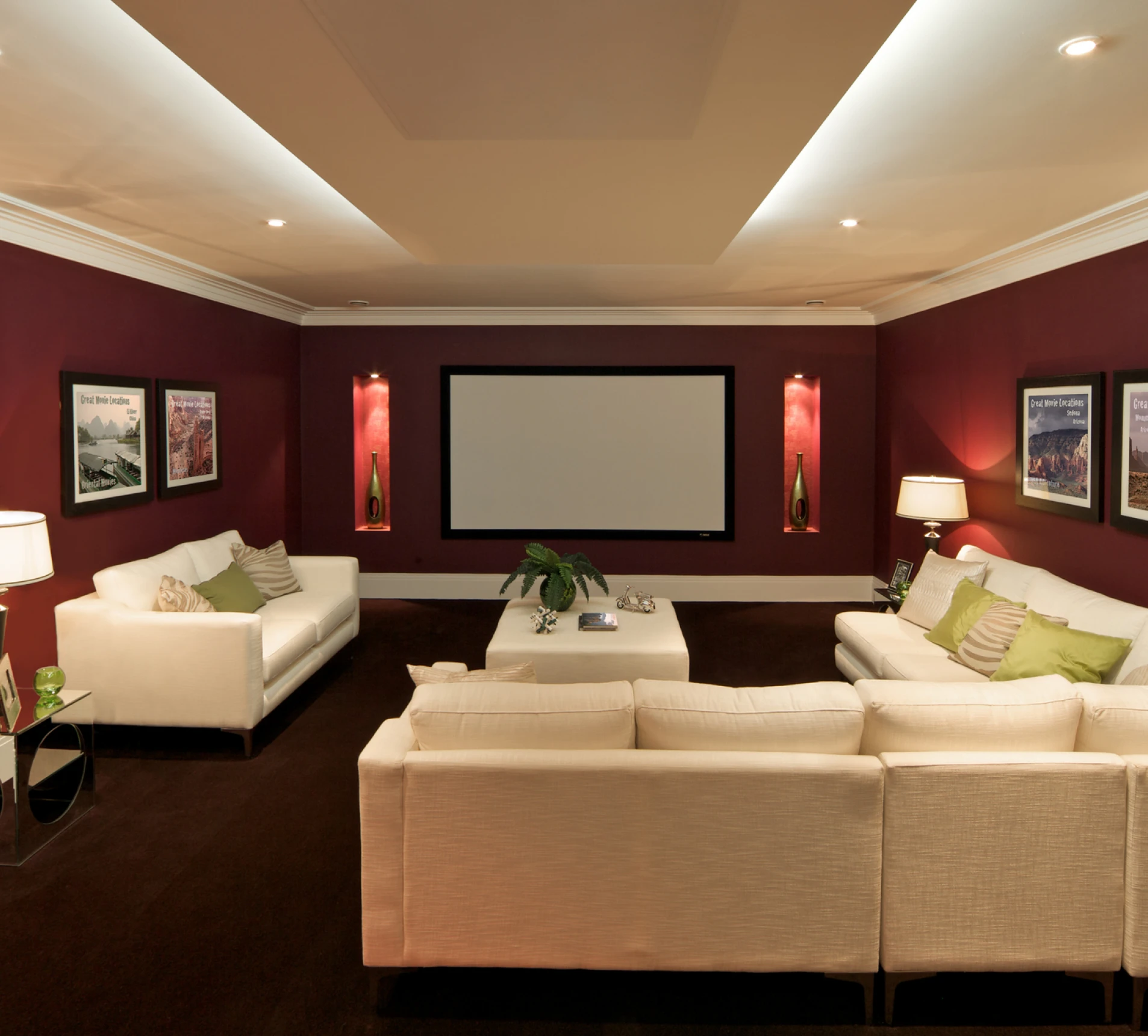 Modern media room design with sofas